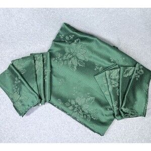 Christmas Tablecloth & 8 Napkin Set Poinsettia Green Jacquard 60x 120" Rectangle